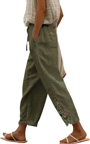 Womens Linen Summer Tie Knot Palazzo Lounge Pants High Waist Ankle Length Loose Fit Trouser Work Business
