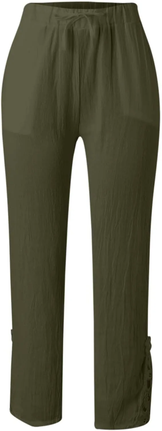 Womens Linen Summer Tie Knot Palazzo Lounge Pants High Waist Ankle Length Loose Fit Trouser Work Business