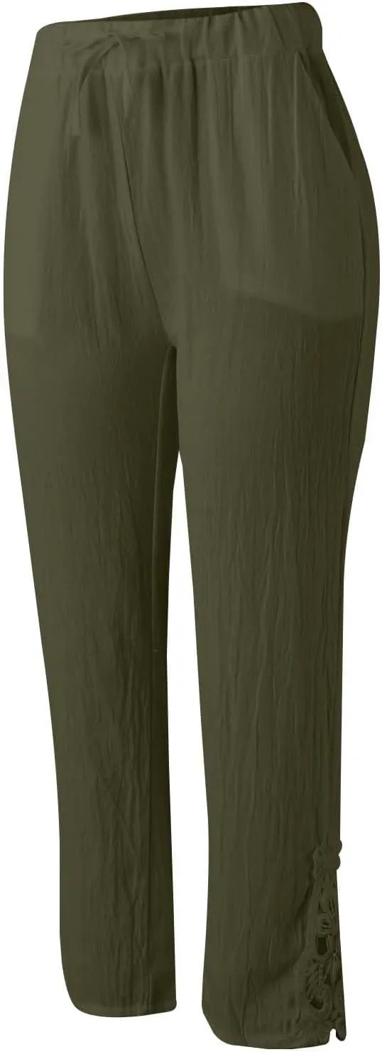 Womens Linen Summer Tie Knot Palazzo Lounge Pants High Waist Ankle Length Loose Fit Trouser Work Business