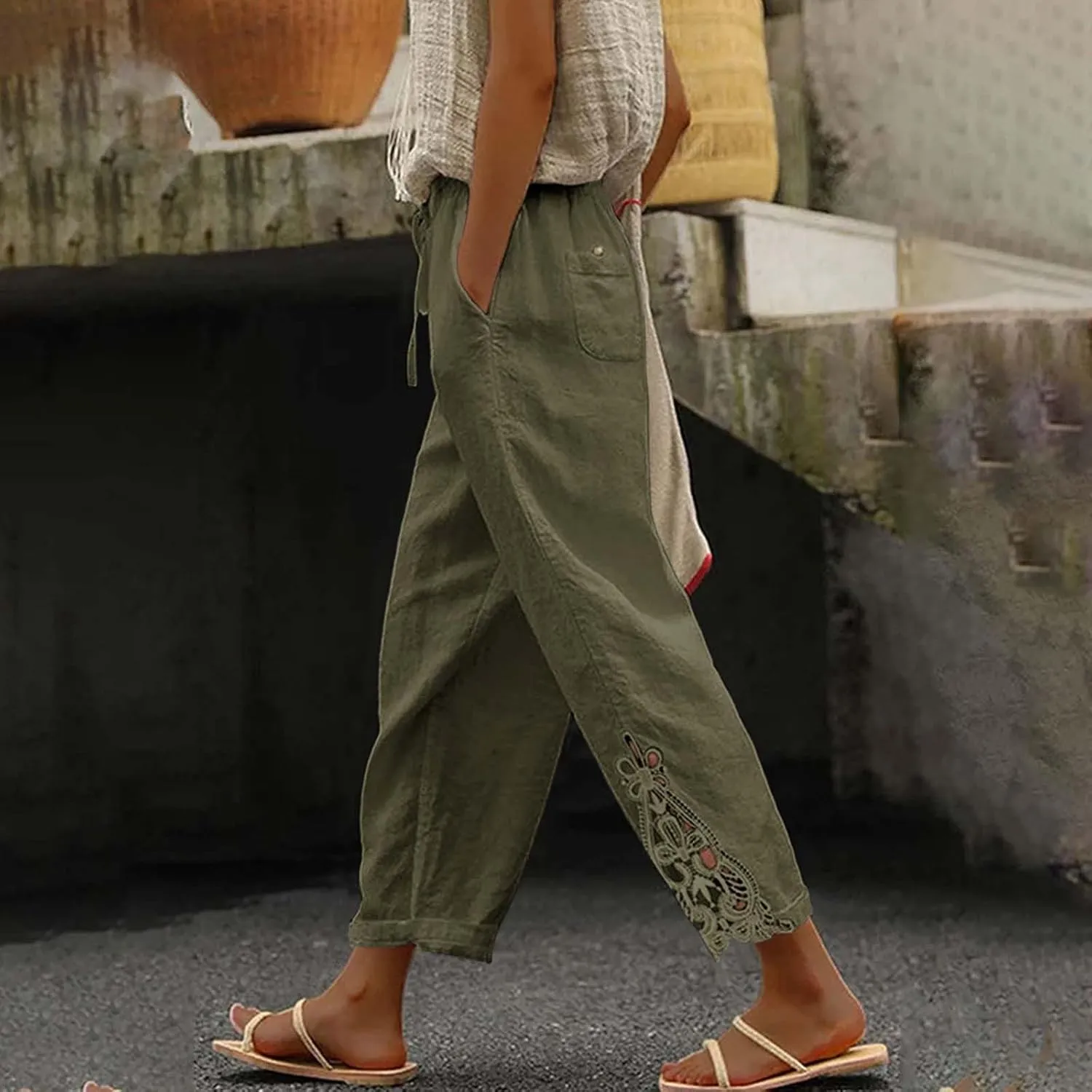 Womens Linen Summer Tie Knot Palazzo Lounge Pants High Waist Ankle Length Loose Fit Trouser Work Business