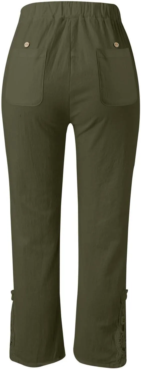 Womens Linen Summer Tie Knot Palazzo Lounge Pants High Waist Ankle Length Loose Fit Trouser Work Business