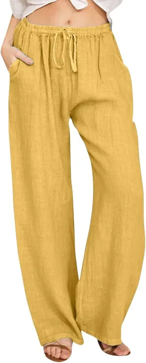 Womens Linen Summer Tie Knot Palazzo Pants Elastic Waisted Long Lounge Slim-Fit Palazzo Lounge Pants Office