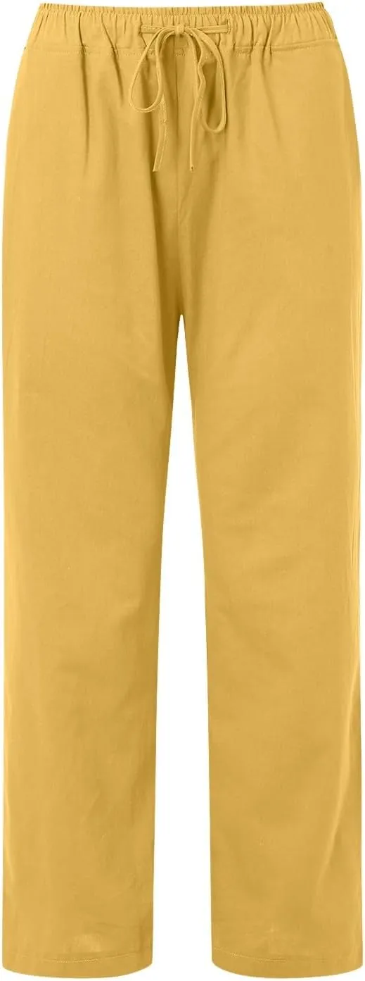 Womens Linen Summer Tie Knot Palazzo Pants Elastic Waisted Long Lounge Slim-Fit Palazzo Lounge Pants Office