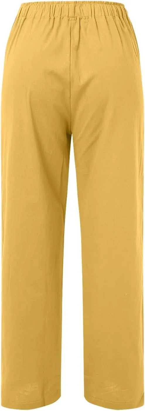 Womens Linen Summer Tie Knot Palazzo Pants Elastic Waisted Long Lounge Slim-Fit Palazzo Lounge Pants Office