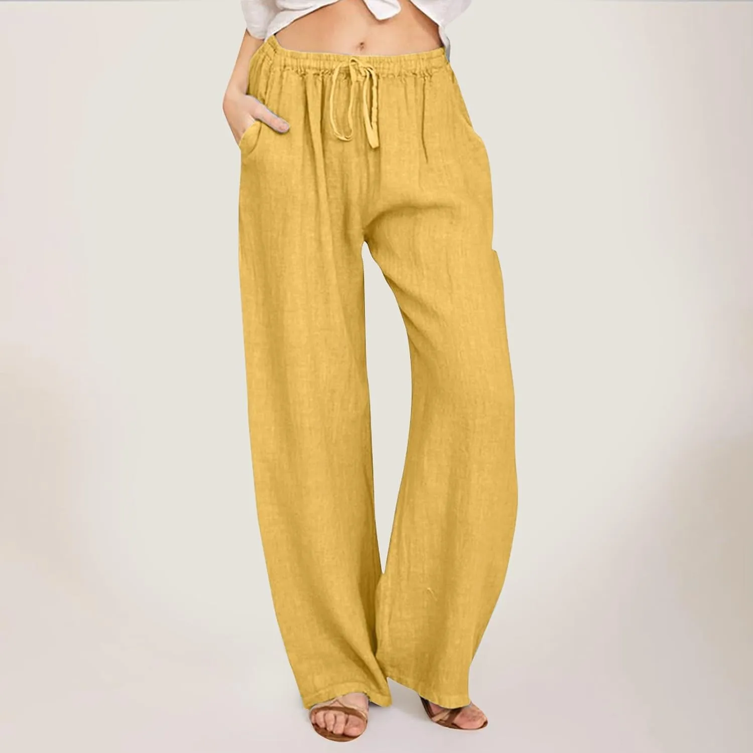 Womens Linen Summer Tie Knot Palazzo Pants Elastic Waisted Long Lounge Slim-Fit Palazzo Lounge Pants Office