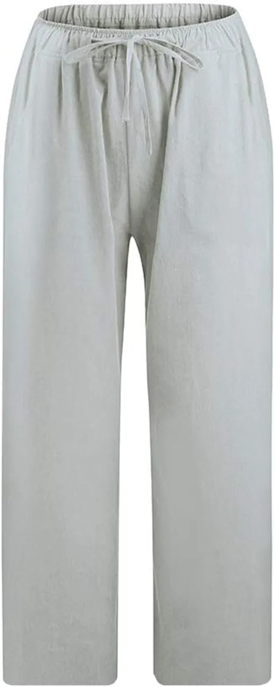 Womens Linen Summer Trendy Palazzo Lounge Pants Elastic Waisted Baggy Stretchy Slim-Fit Pants Business Work