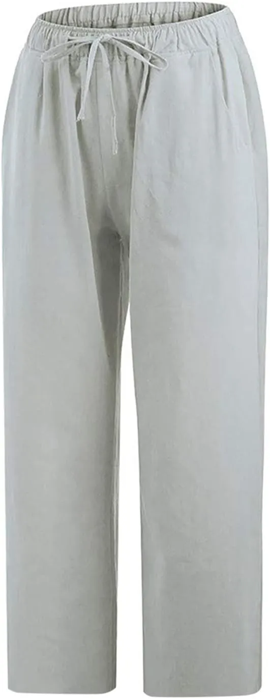 Womens Linen Summer Trendy Palazzo Lounge Pants Elastic Waisted Baggy Stretchy Slim-Fit Pants Business Work