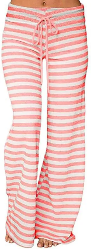 Women's Lounge Pants Straight Leg Drawstring Elastic Waist Stripe Ribbed Sweatpants Comfy Casual Loose Pajama Trousers