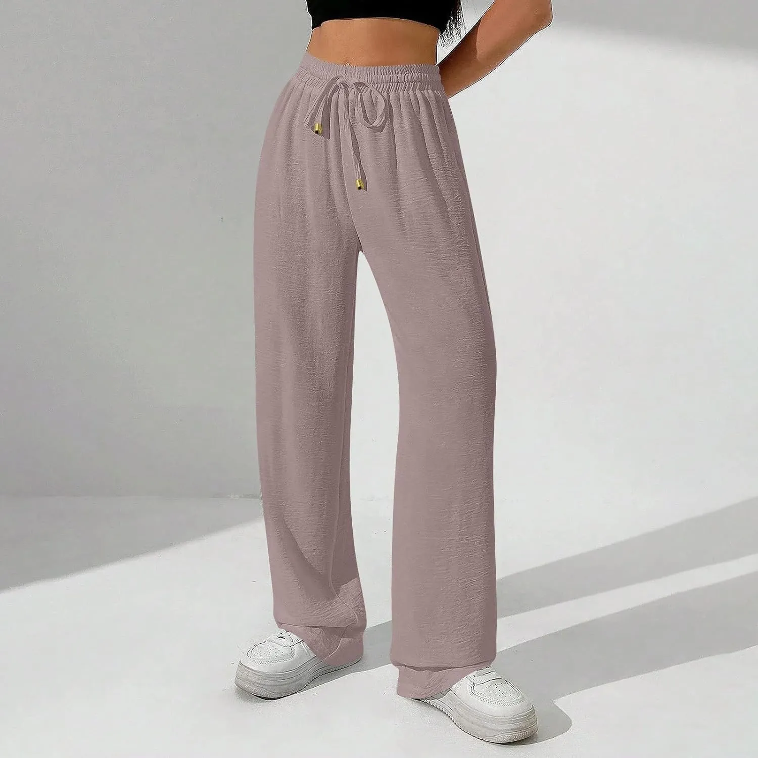 Womens Palazzo Pants Baggy Linen Pants Drawstring High Waisted Summer Work Wide Leg Pant Casual Trouser with Pockets