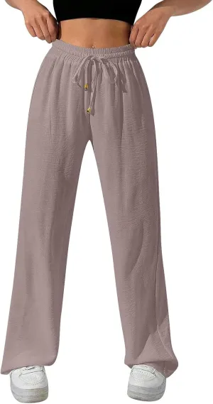 Womens Palazzo Pants Baggy Linen Pants Drawstring High Waisted Summer Work Wide Leg Pant Casual Trouser with Pockets