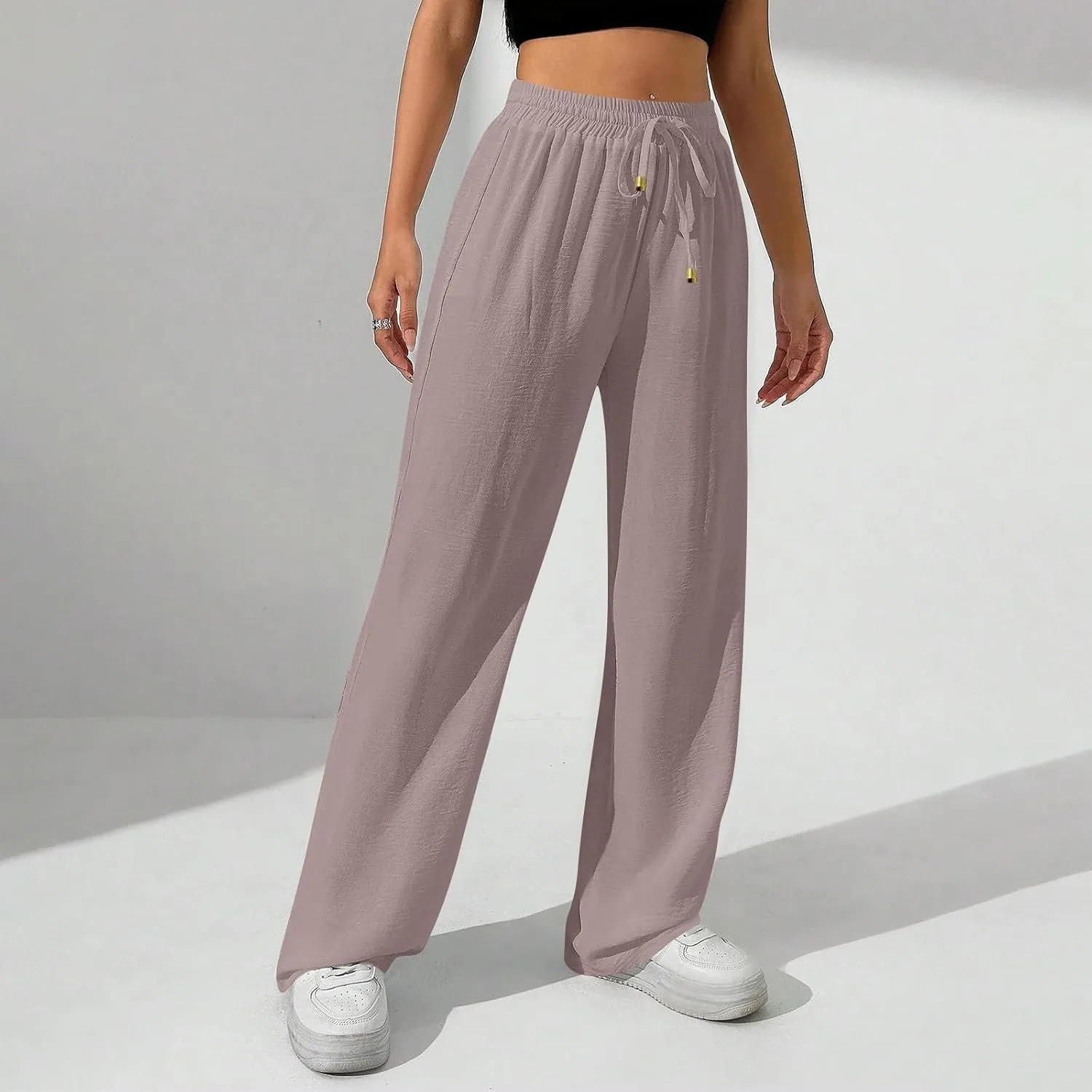 Womens Palazzo Pants Baggy Linen Pants Drawstring High Waisted Summer Work Wide Leg Pant Casual Trouser with Pockets