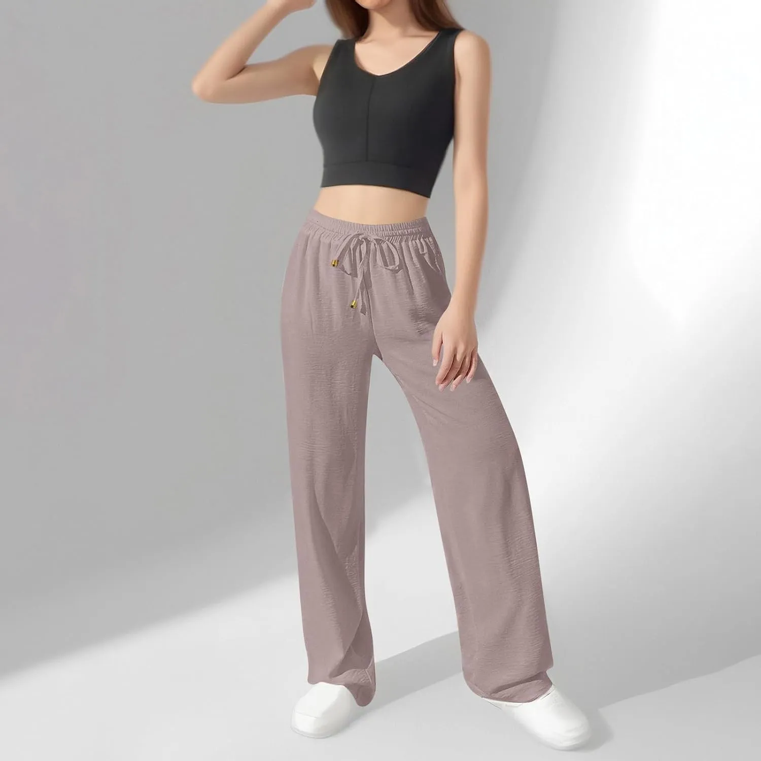 Womens Palazzo Pants Baggy Linen Pants Drawstring High Waisted Summer Work Wide Leg Pant Casual Trouser with Pockets