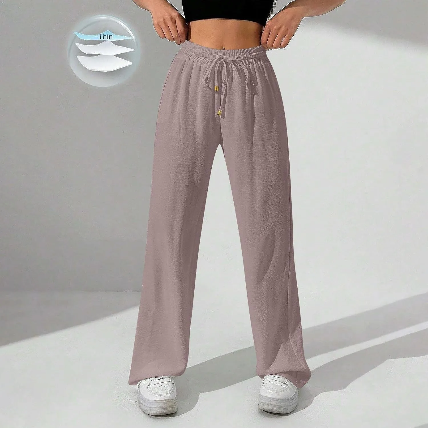 Womens Palazzo Pants Baggy Linen Pants Drawstring High Waisted Summer Work Wide Leg Pant Casual Trouser with Pockets