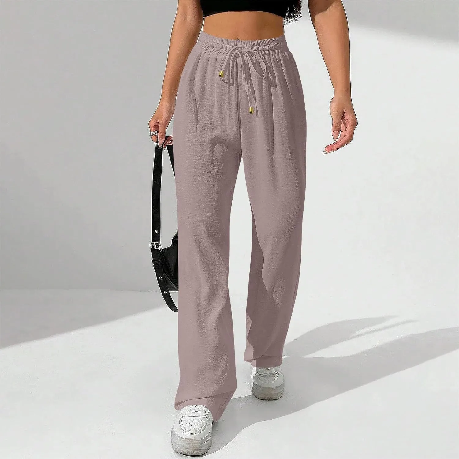 Womens Palazzo Pants Baggy Linen Pants Drawstring High Waisted Summer Work Wide Leg Pant Casual Trouser with Pockets