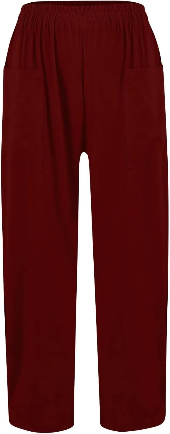 Womens Palazzo Pants Casual Beach Linen Pants High Waist Summer Casual Wide Leg Pant Loose Trouser with Pockets