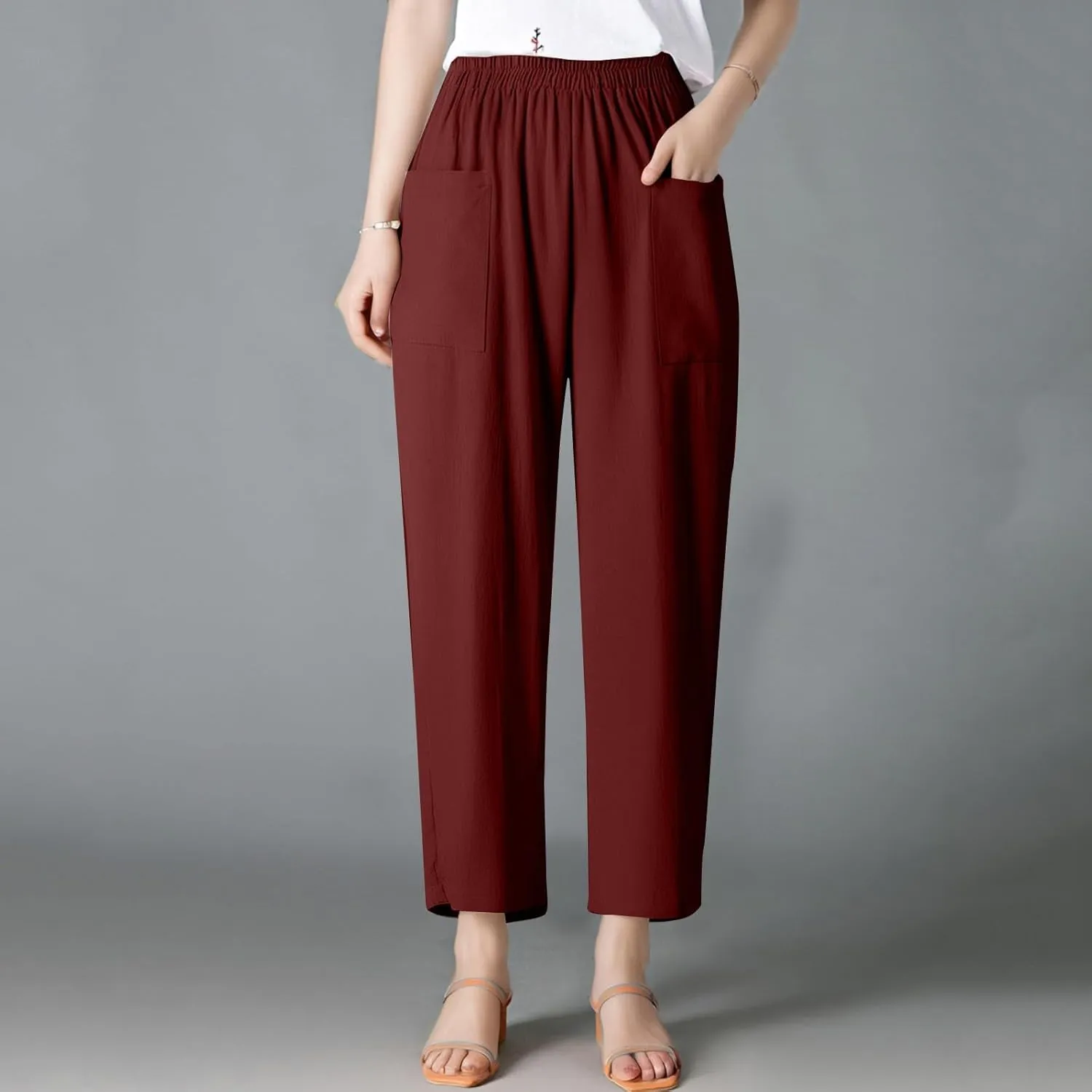 Womens Palazzo Pants Casual Beach Linen Pants High Waist Summer Casual Wide Leg Pant Loose Trouser with Pockets