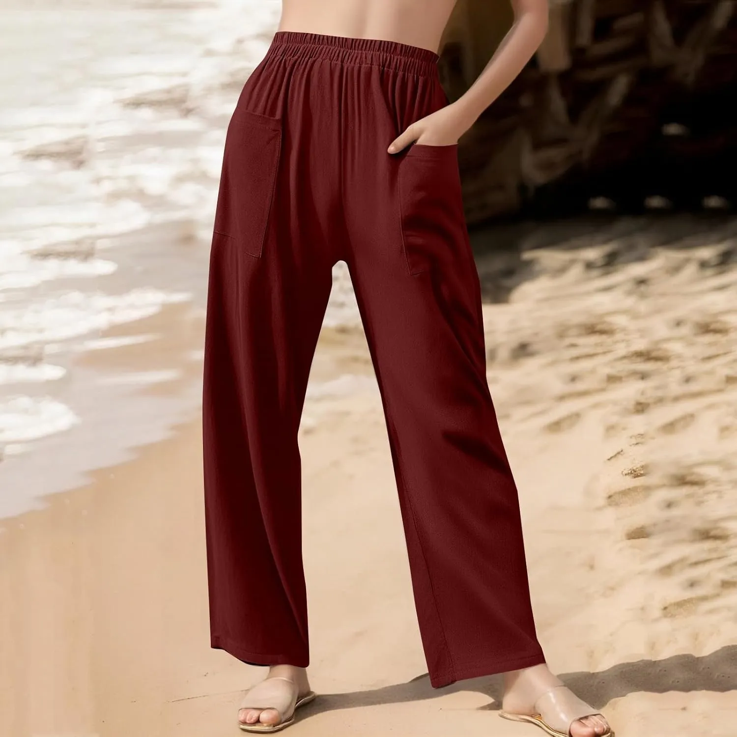 Womens Palazzo Pants Casual Beach Linen Pants High Waist Summer Casual Wide Leg Pant Loose Trouser with Pockets