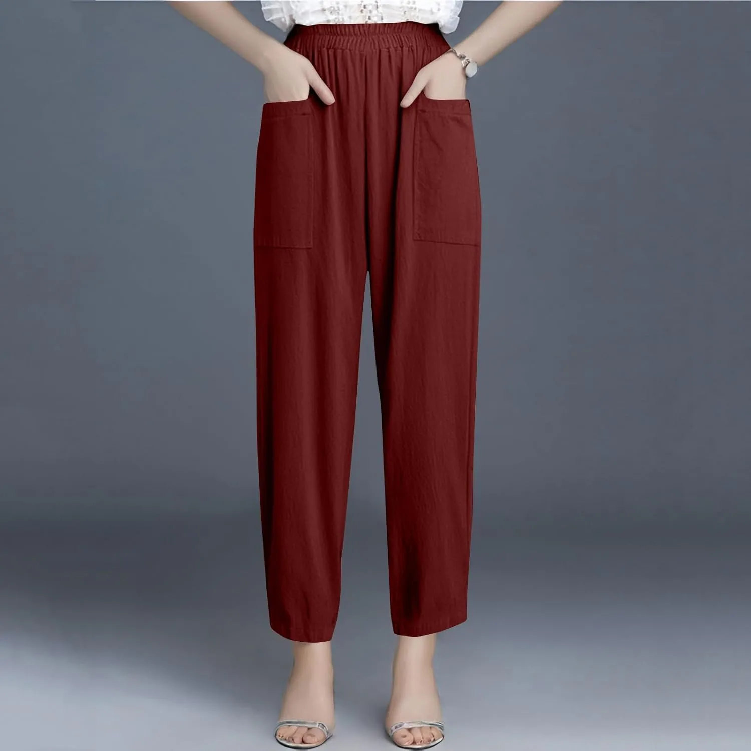Womens Palazzo Pants Casual Beach Linen Pants High Waist Summer Casual Wide Leg Pant Loose Trouser with Pockets
