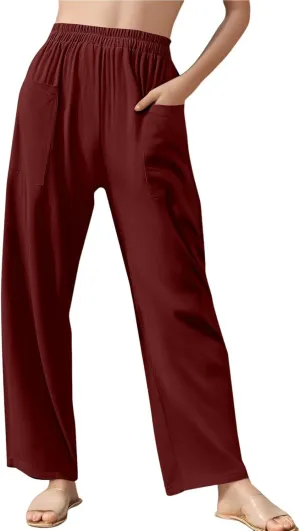 Womens Palazzo Pants Casual Beach Linen Pants High Waist Summer Casual Wide Leg Pant Loose Trouser with Pockets