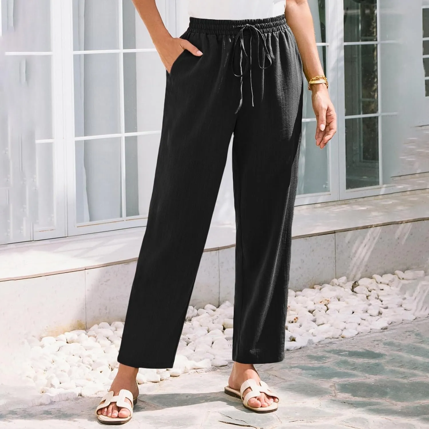 Womens Pants, Straight Leg Casual Pants Linen Everyday Peasant Solid Color Wide
