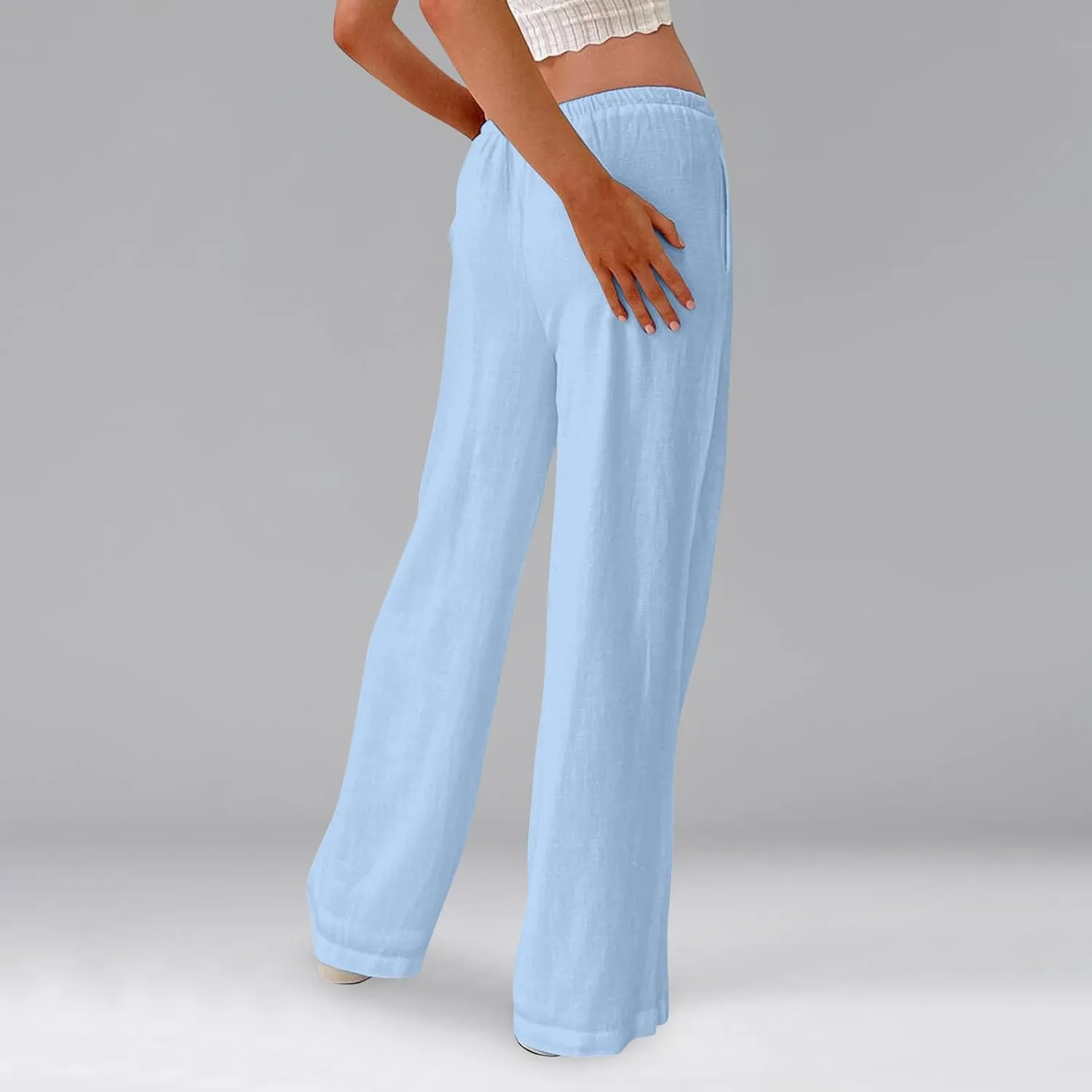Womens Pants Wide Leg Linen Pants Drawstring High Waist Summer Beach Pant Lightweight Trouser with Pockets (S-2Xl)