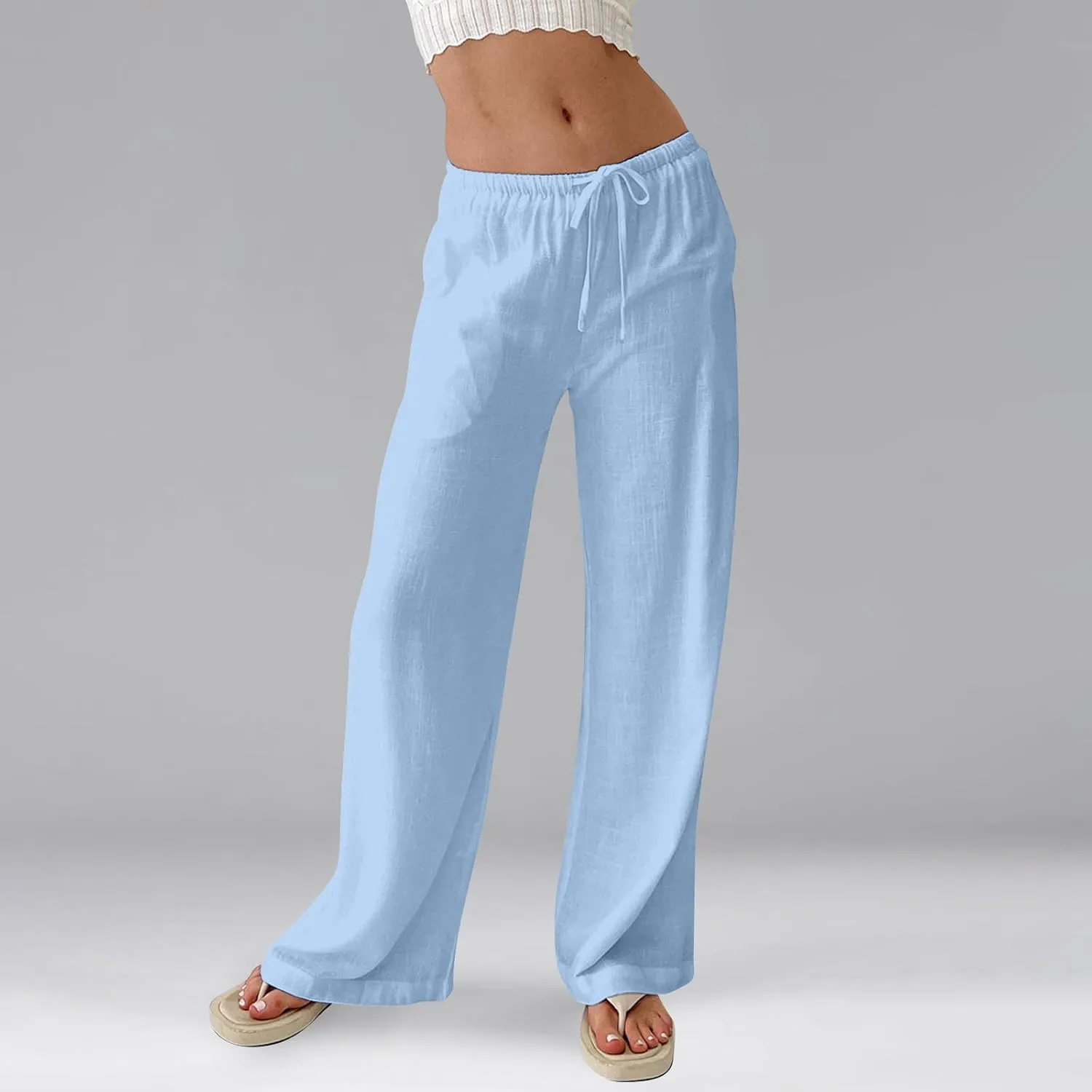 Womens Pants Wide Leg Linen Pants Drawstring High Waist Summer Beach Pant Lightweight Trouser with Pockets (S-2Xl)
