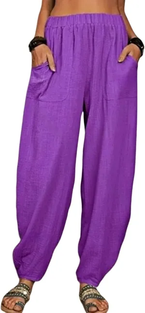 Womens Plus Size Linen Pants 2025 Casual Loose High Waisted Pants Beach Pants Summer Lounge Comfy Trousers with Pockets