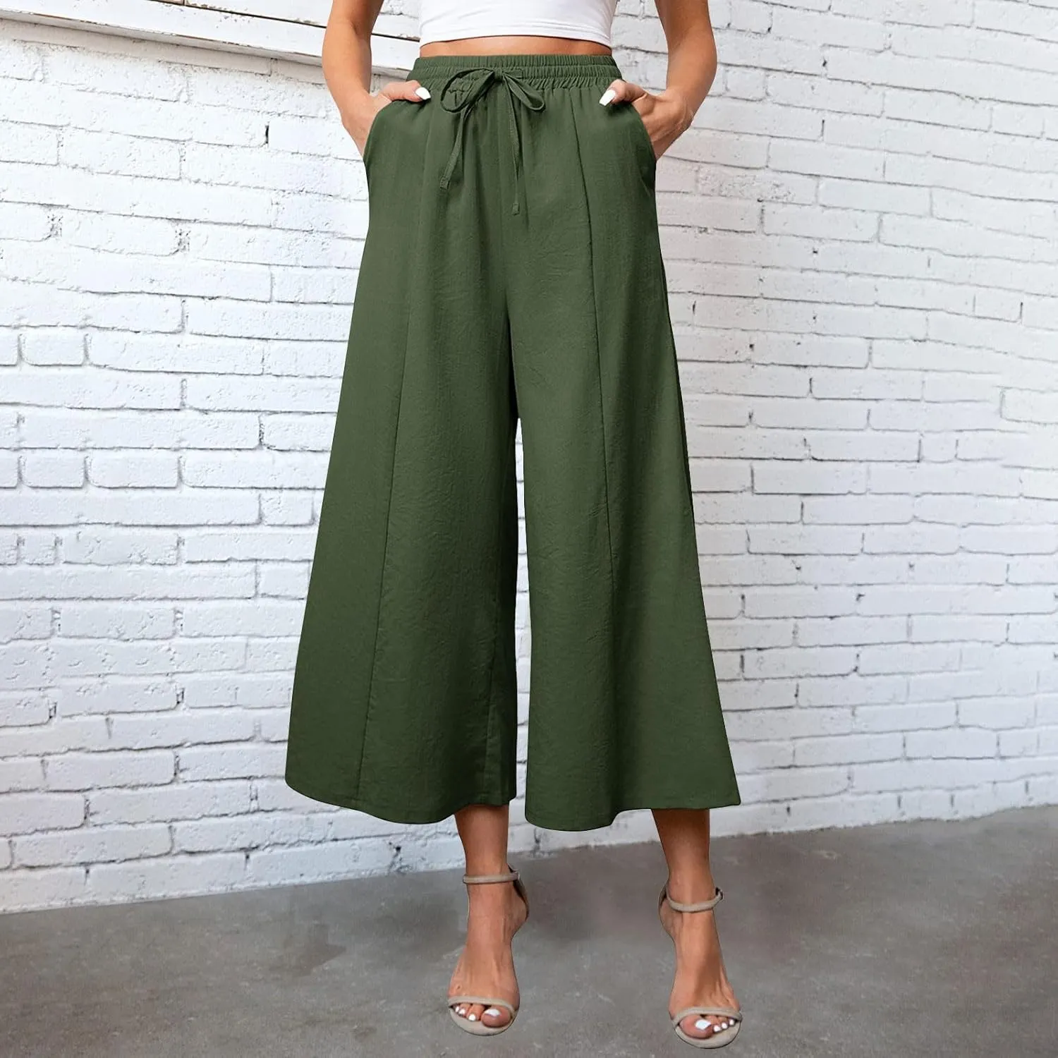 Womens Solid Pants Drawstring Elastic High Waisted Wide Leg Pant Summer Baggy Casual Trousers with Pockets