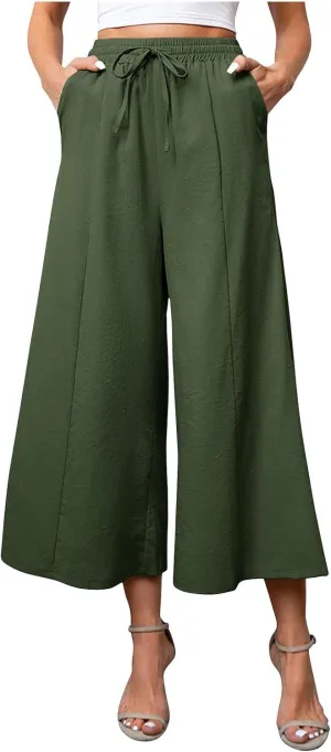 Womens Solid Pants Drawstring Elastic High Waisted Wide Leg Pant Summer Baggy Casual Trousers with Pockets