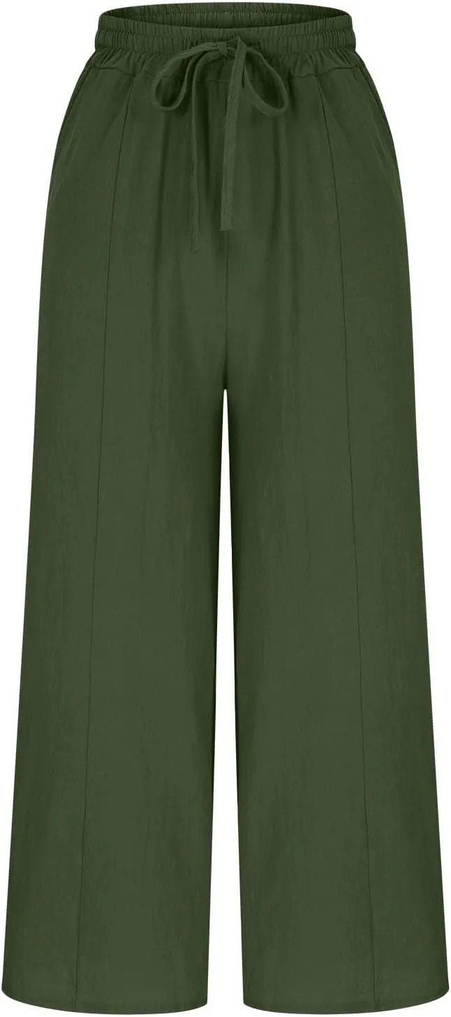 Womens Solid Pants Drawstring Elastic High Waisted Wide Leg Pant Summer Baggy Casual Trousers with Pockets