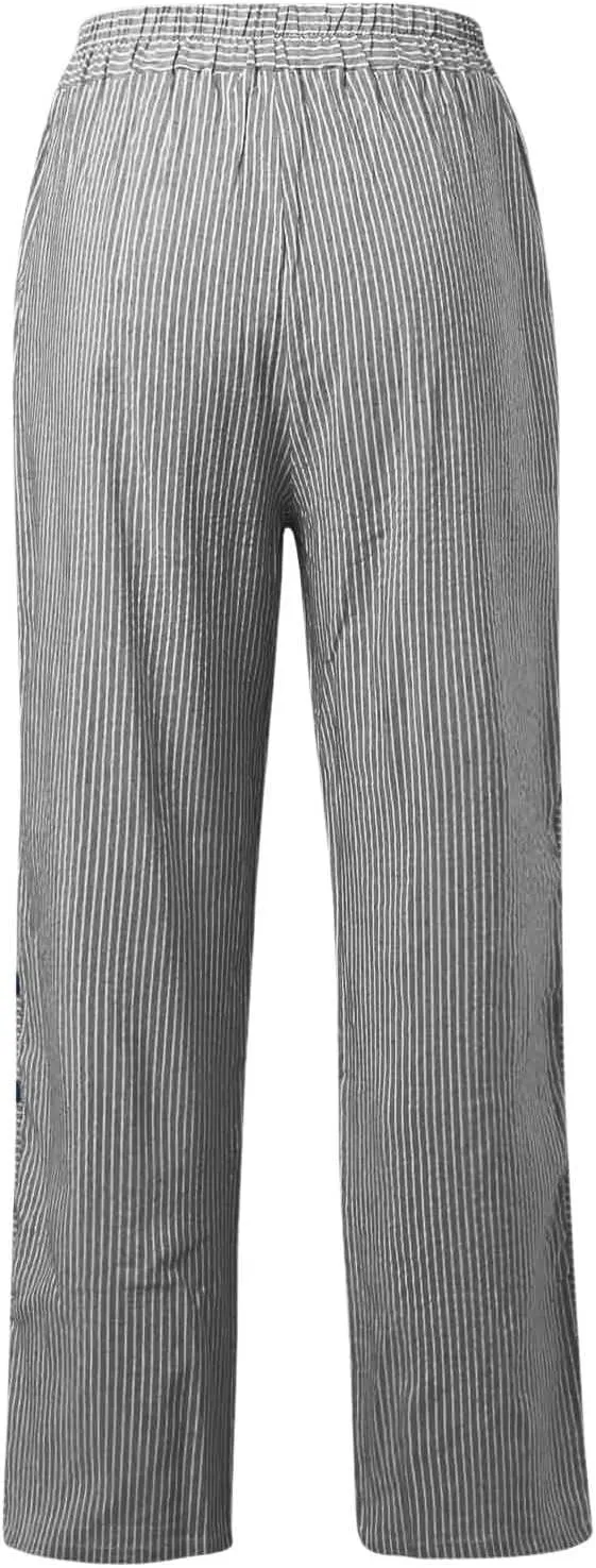 Womens Striped Pants Summer Lightweight Linen Pants Side Button Elastic Waist Straight Wide Leg Baggy Casual Trousers