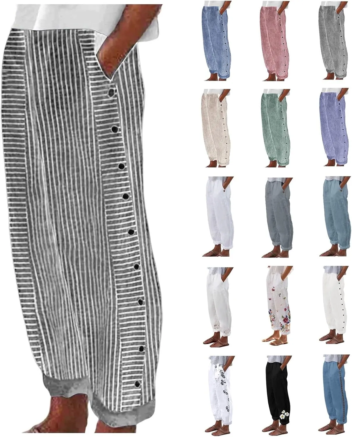 Womens Striped Pants Summer Lightweight Linen Pants Side Button Elastic Waist Straight Wide Leg Baggy Casual Trousers
