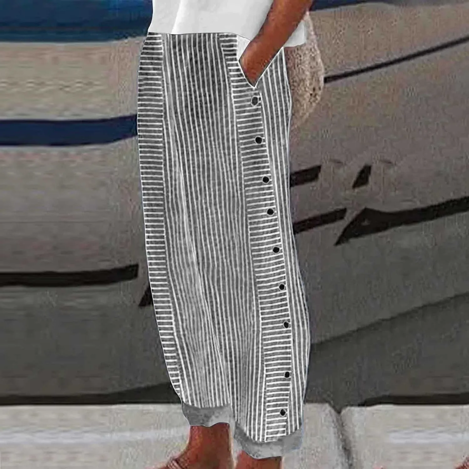 Womens Striped Pants Summer Lightweight Linen Pants Side Button Elastic Waist Straight Wide Leg Baggy Casual Trousers