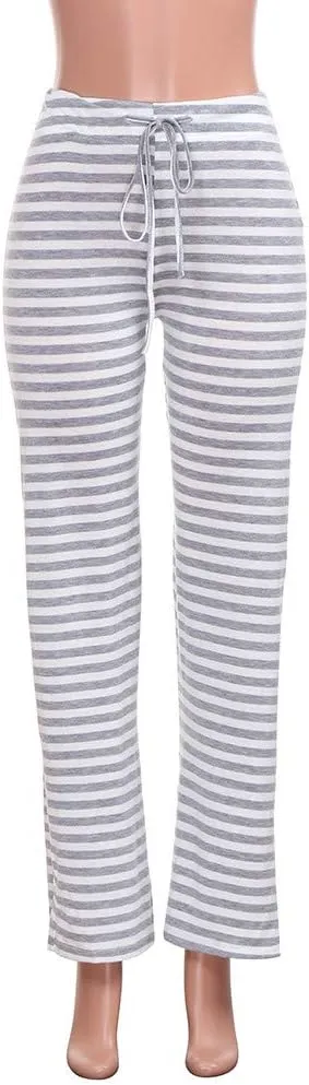 Womens Striped Wide Leg Pants Elastic High Waist Drawstring Trousers Loose Fitness Dancing Yoga Pants