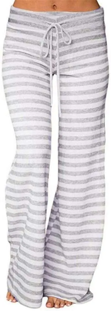 Womens Striped Wide Leg Pants Elastic High Waist Drawstring Trousers Loose Fitness Dancing Yoga Pants