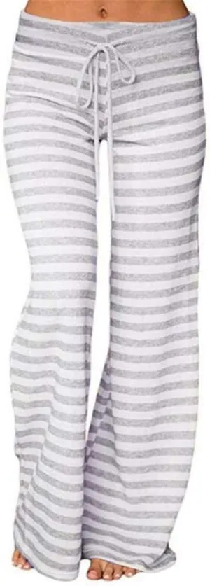 Womens Striped Wide Leg Pants Elastic High Waist Drawstring Trousers Loose Fitness Dancing Yoga Pants
