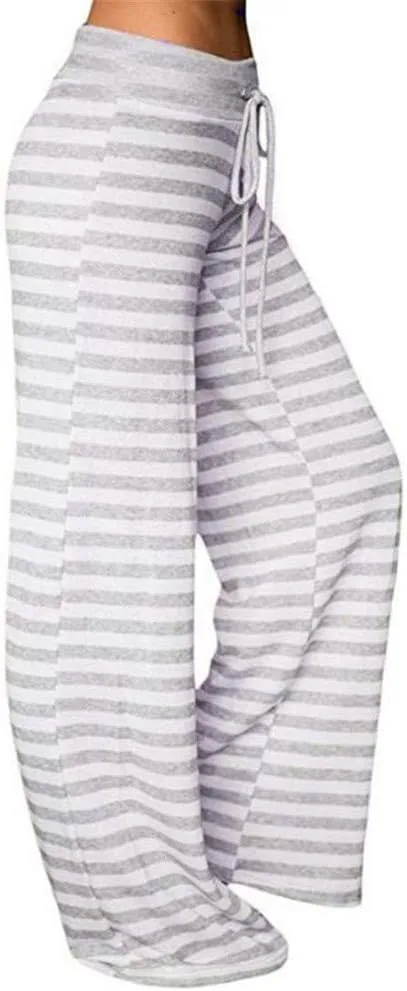 Womens Striped Wide Leg Pants Elastic High Waist Drawstring Trousers Loose Fitness Dancing Yoga Pants
