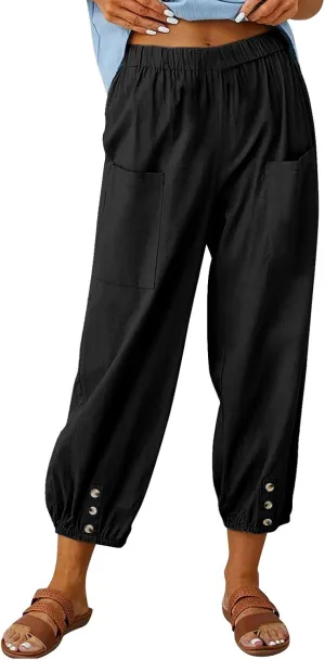 Women's Summer Casual Capri Pants Beach Vacation Lightweight Cotton Linen Pants Cinch Bottom Cropped Trouser