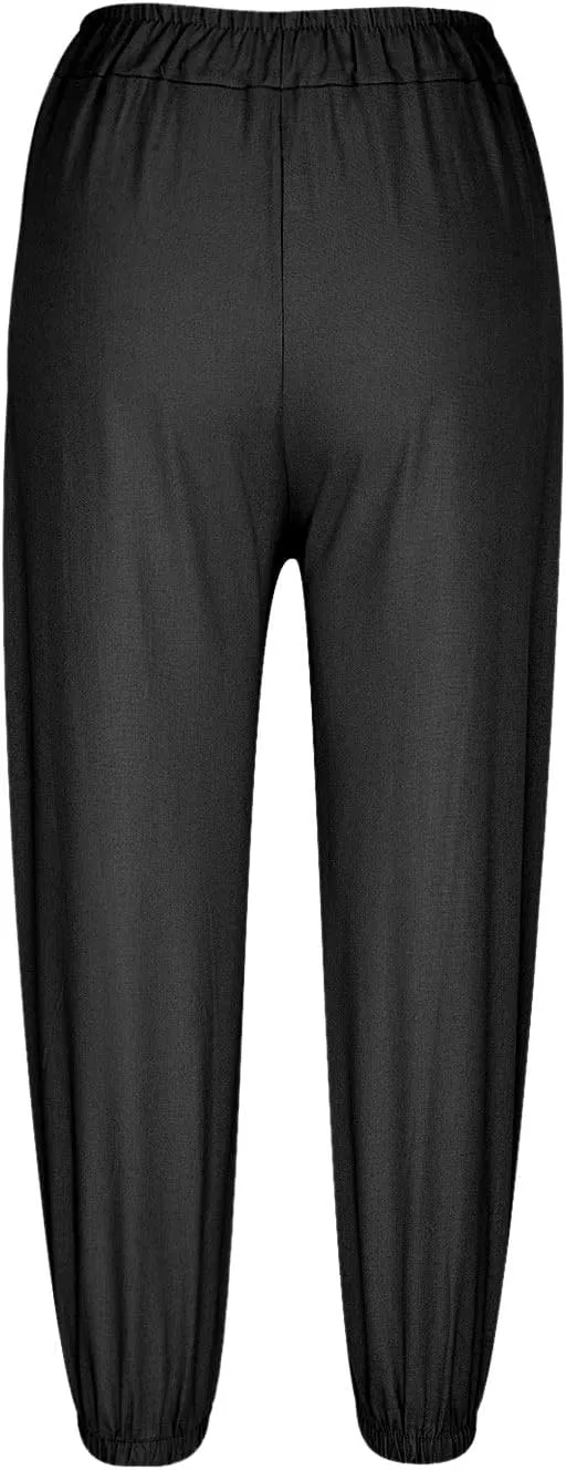 Women's Summer Casual Capri Pants Beach Vacation Lightweight Cotton Linen Pants Cinch Bottom Cropped Trouser