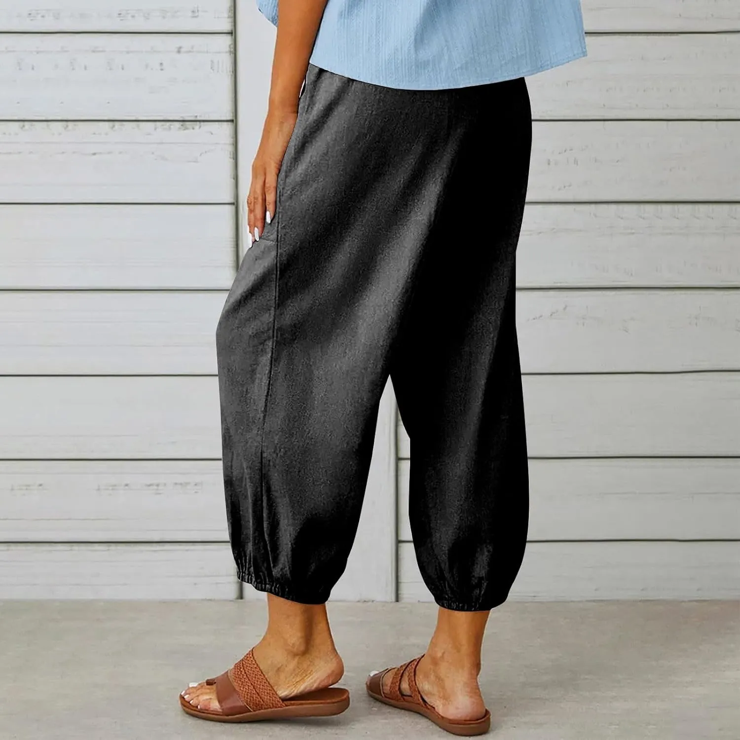 Women's Summer Casual Capri Pants Beach Vacation Lightweight Cotton Linen Pants Cinch Bottom Cropped Trouser