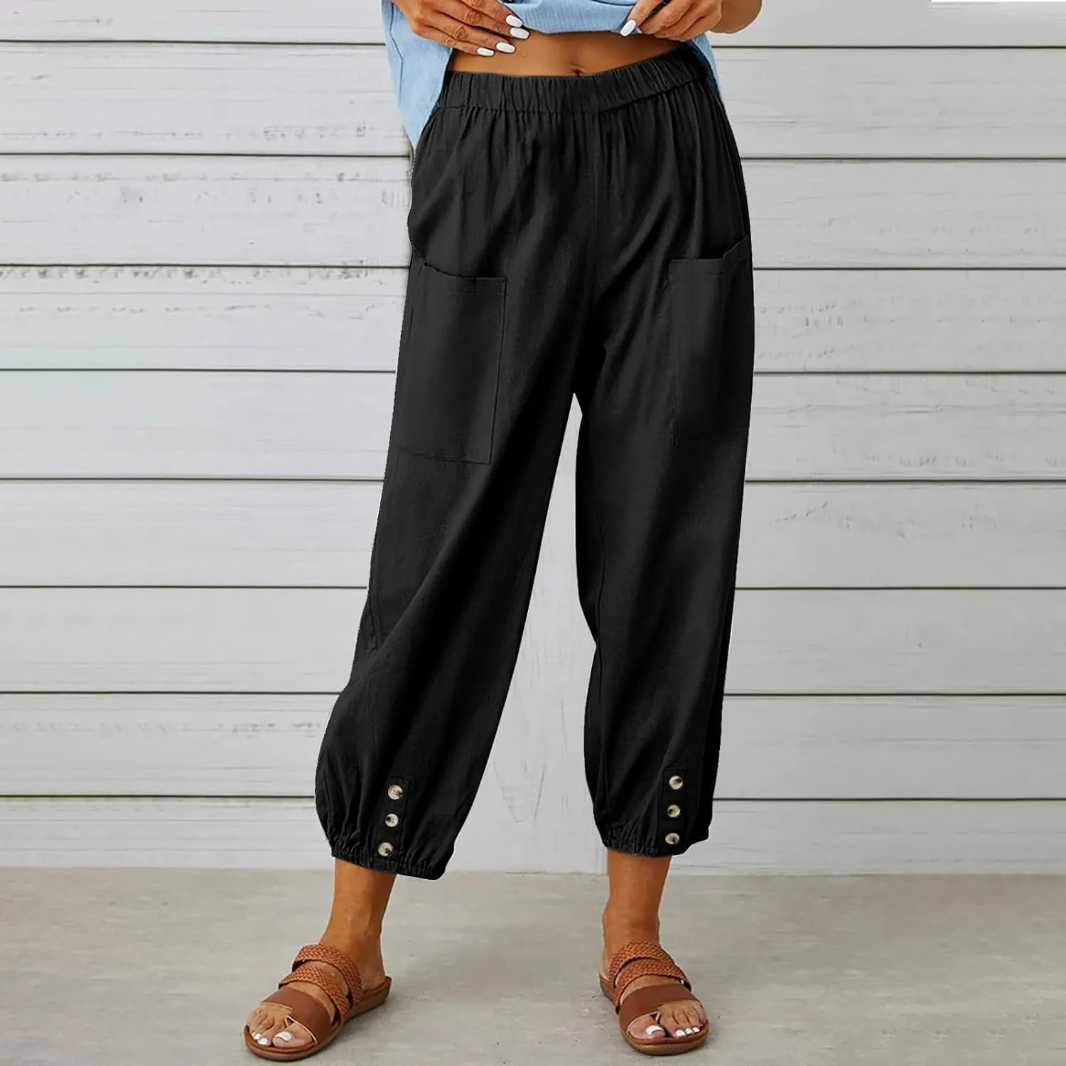 Women's Summer Casual Capri Pants Beach Vacation Lightweight Cotton Linen Pants Cinch Bottom Cropped Trouser