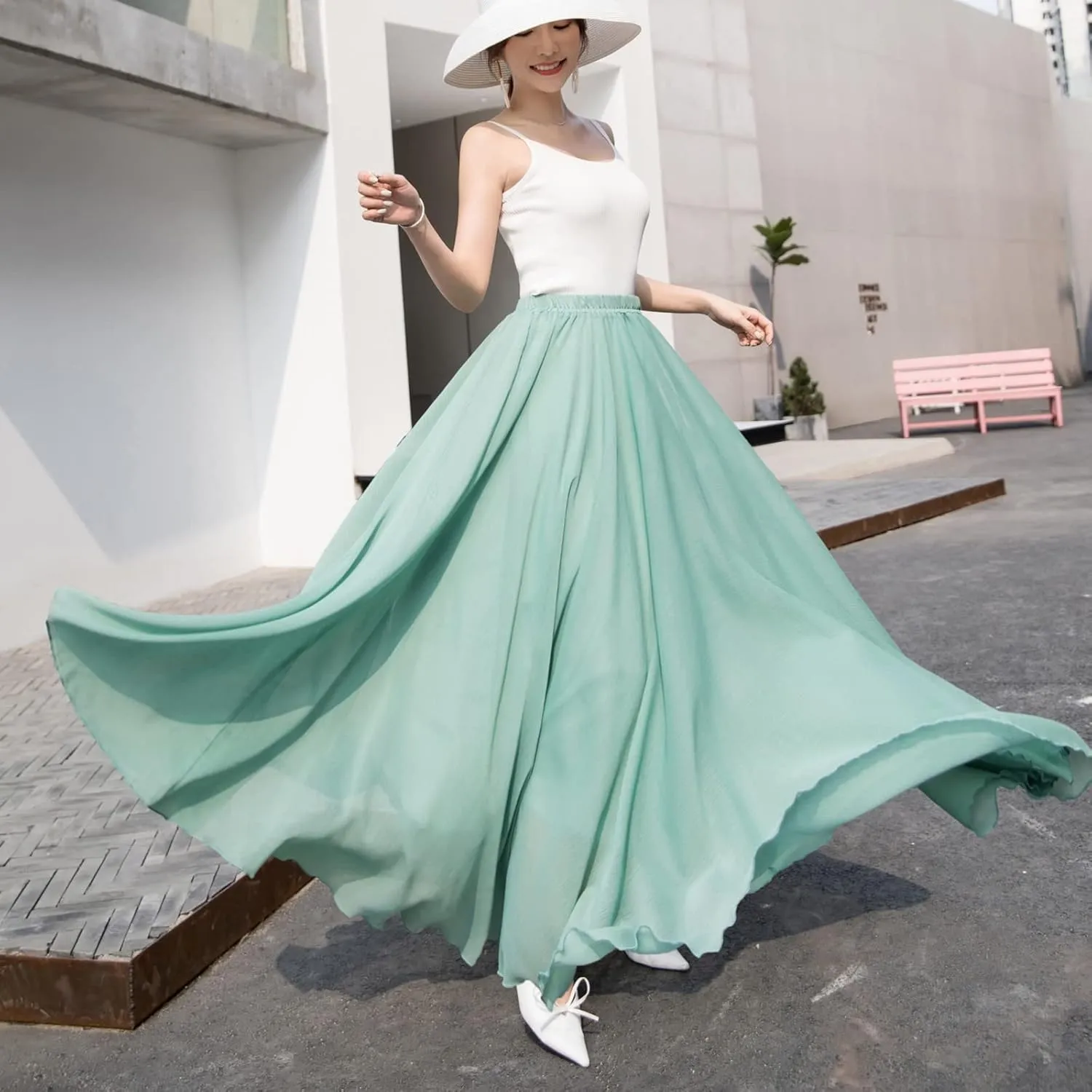Womens Summer Chiffon Mopping Floor Length Big Hem Solid Beach Maxi Skirt Dress Pleated Elastic Waist Retro Long Skirts