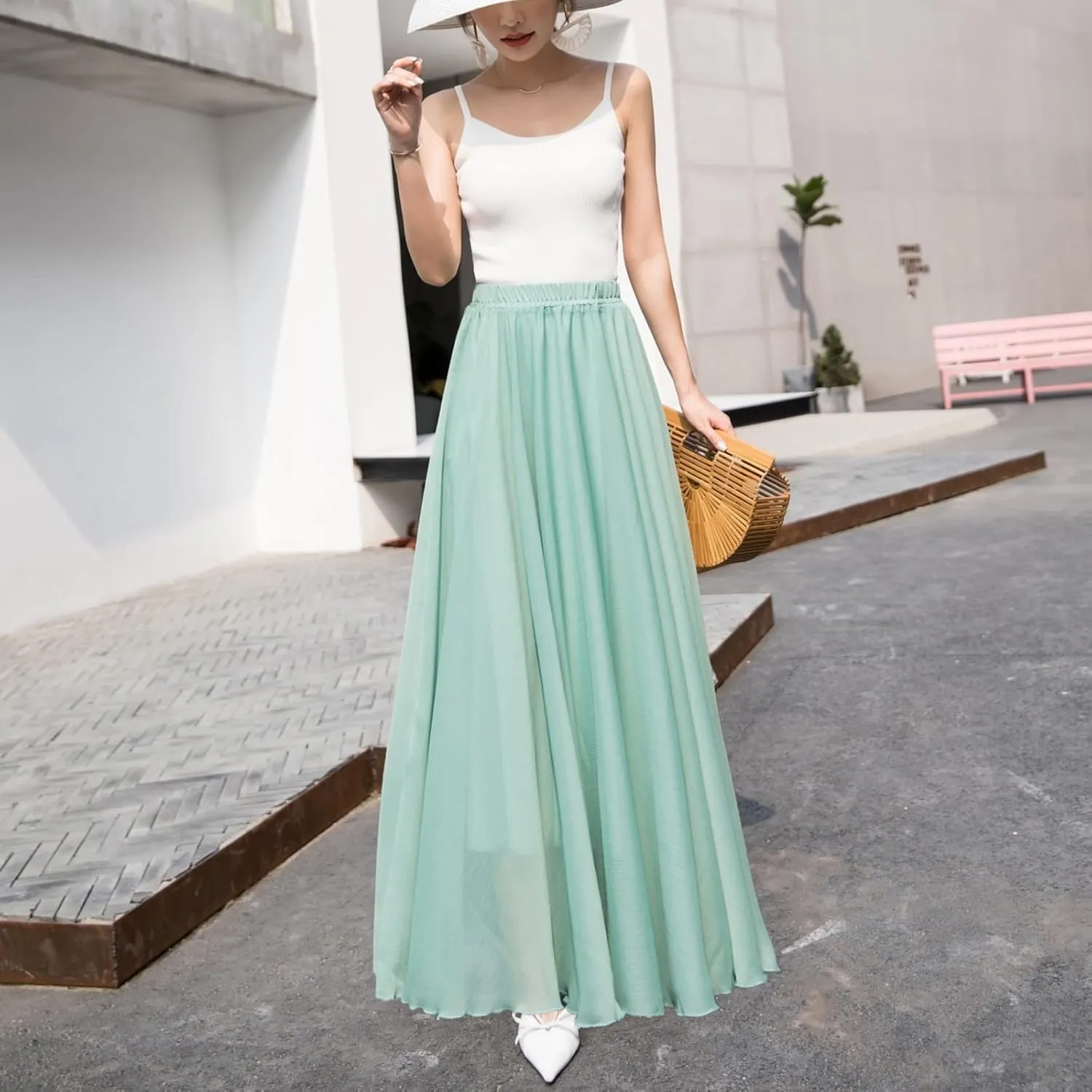 Womens Summer Chiffon Mopping Floor Length Big Hem Solid Beach Maxi Skirt Dress Pleated Elastic Waist Retro Long Skirts