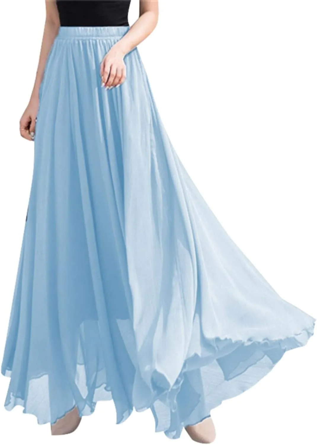 Womens Summer Chiffon Mopping Floor Length Big Hem Solid Beach Maxi Skirt Dress Pleated Elastic Waist Retro Long Skirts