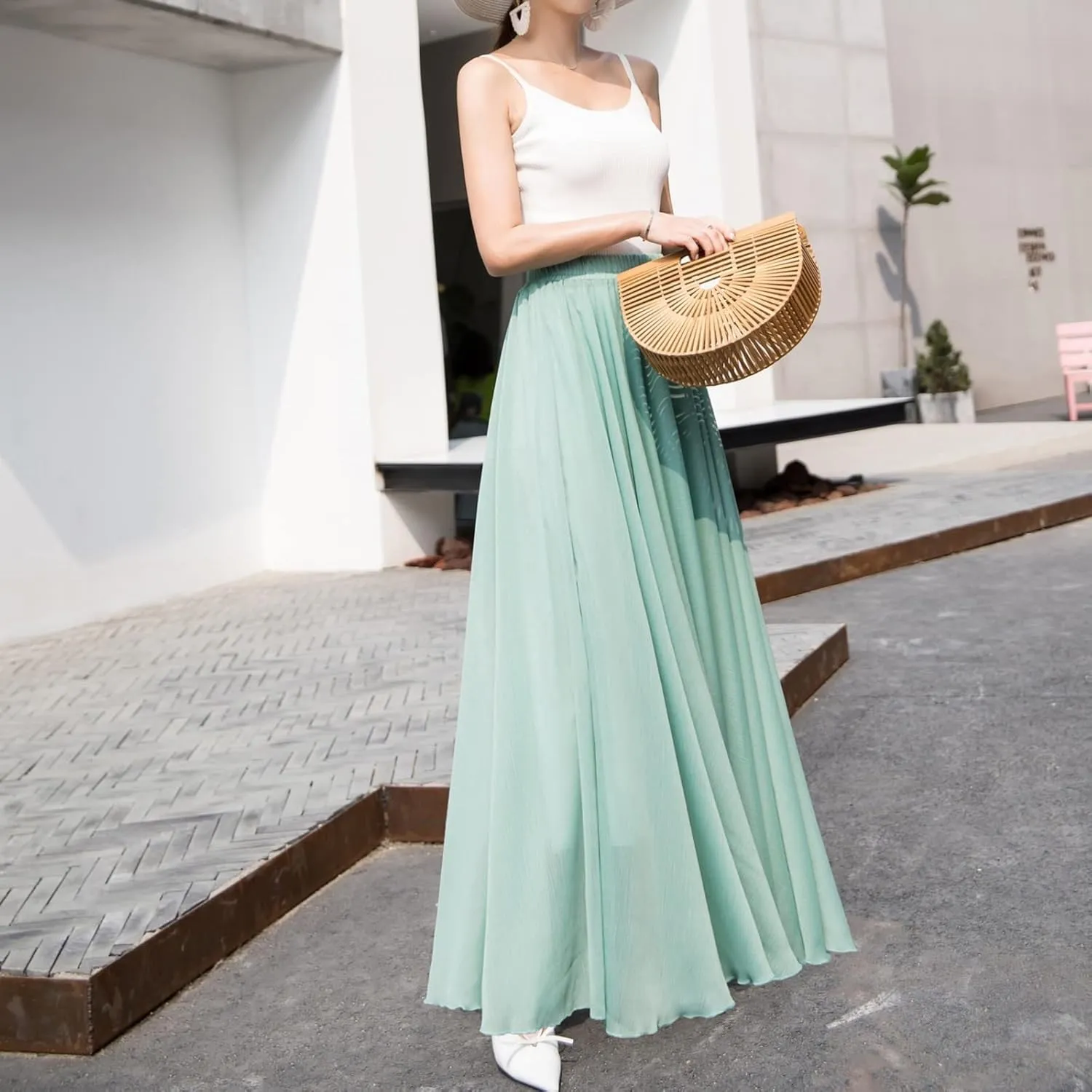 Womens Summer Chiffon Mopping Floor Length Big Hem Solid Beach Maxi Skirt Dress Pleated Elastic Waist Retro Long Skirts