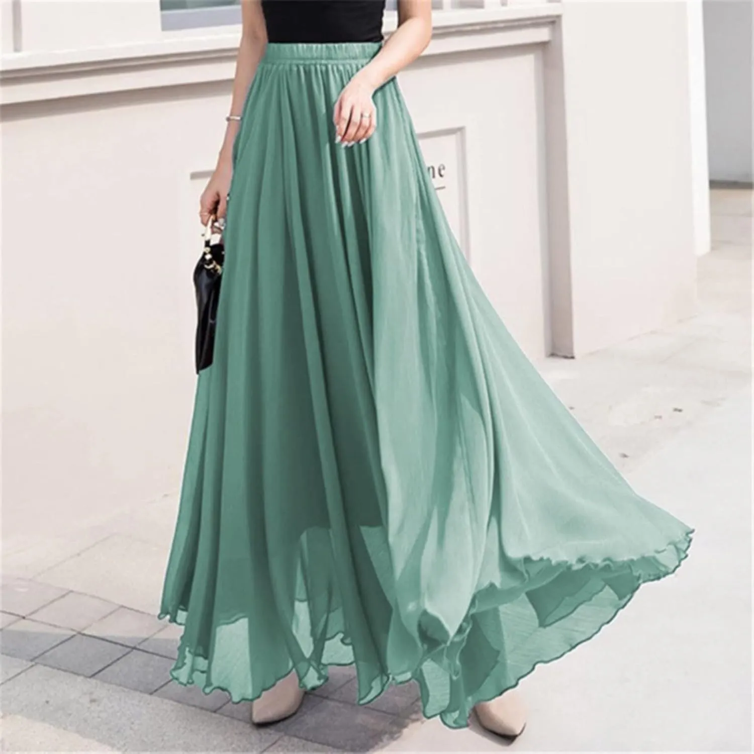 Womens Summer Chiffon Mopping Floor Length Big Hem Solid Beach Maxi Skirt Dress Pleated Elastic Waist Retro Long Skirts