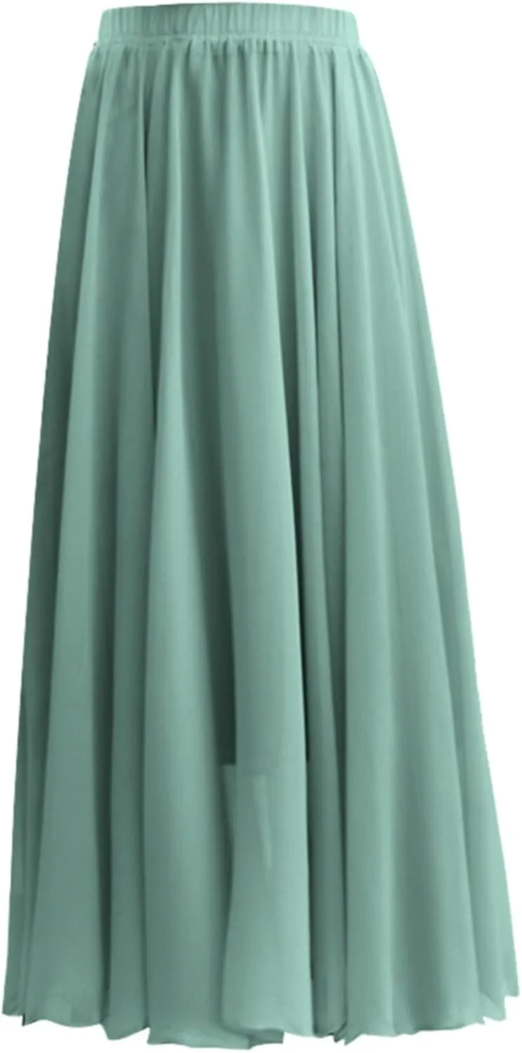 Womens Summer Chiffon Mopping Floor Length Big Hem Solid Beach Maxi Skirt Dress Pleated Elastic Waist Retro Long Skirts