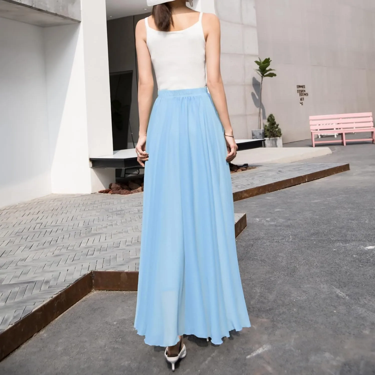 Womens Summer Chiffon Mopping Floor Length Big Hem Solid Beach Maxi Skirt Dress Pleated Elastic Waist Retro Long Skirts