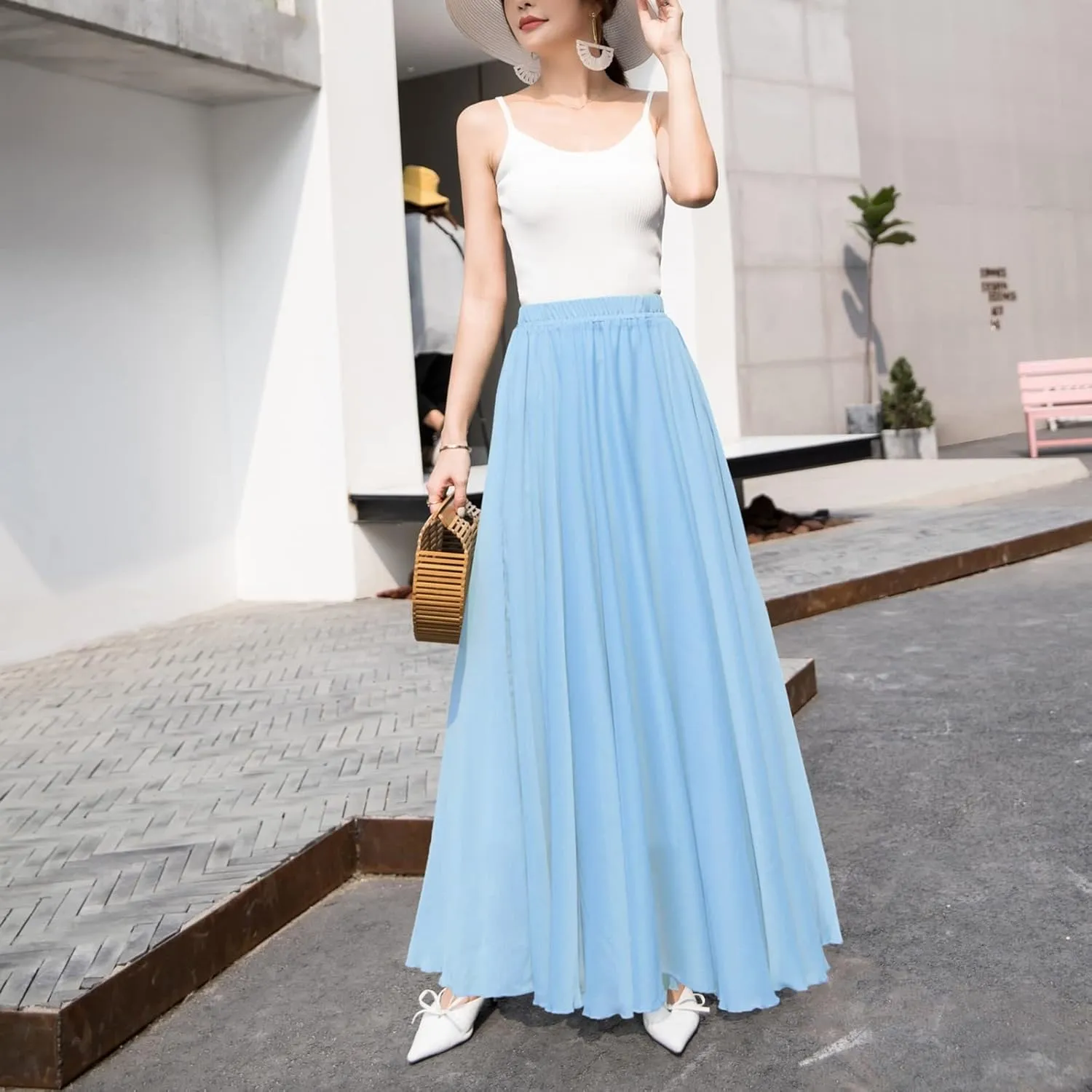 Womens Summer Chiffon Mopping Floor Length Big Hem Solid Beach Maxi Skirt Dress Pleated Elastic Waist Retro Long Skirts