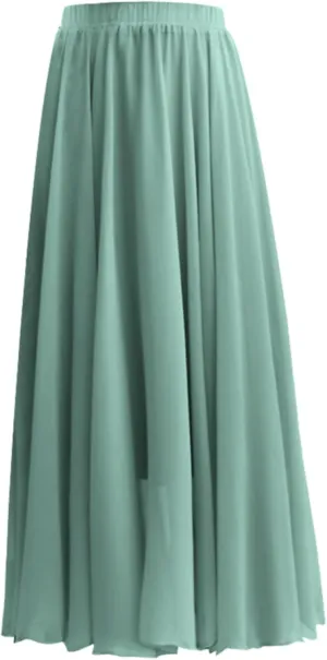Womens Summer Chiffon Mopping Floor Length Big Hem Solid Beach Maxi Skirt Dress Pleated Elastic Waist Retro Long Skirts